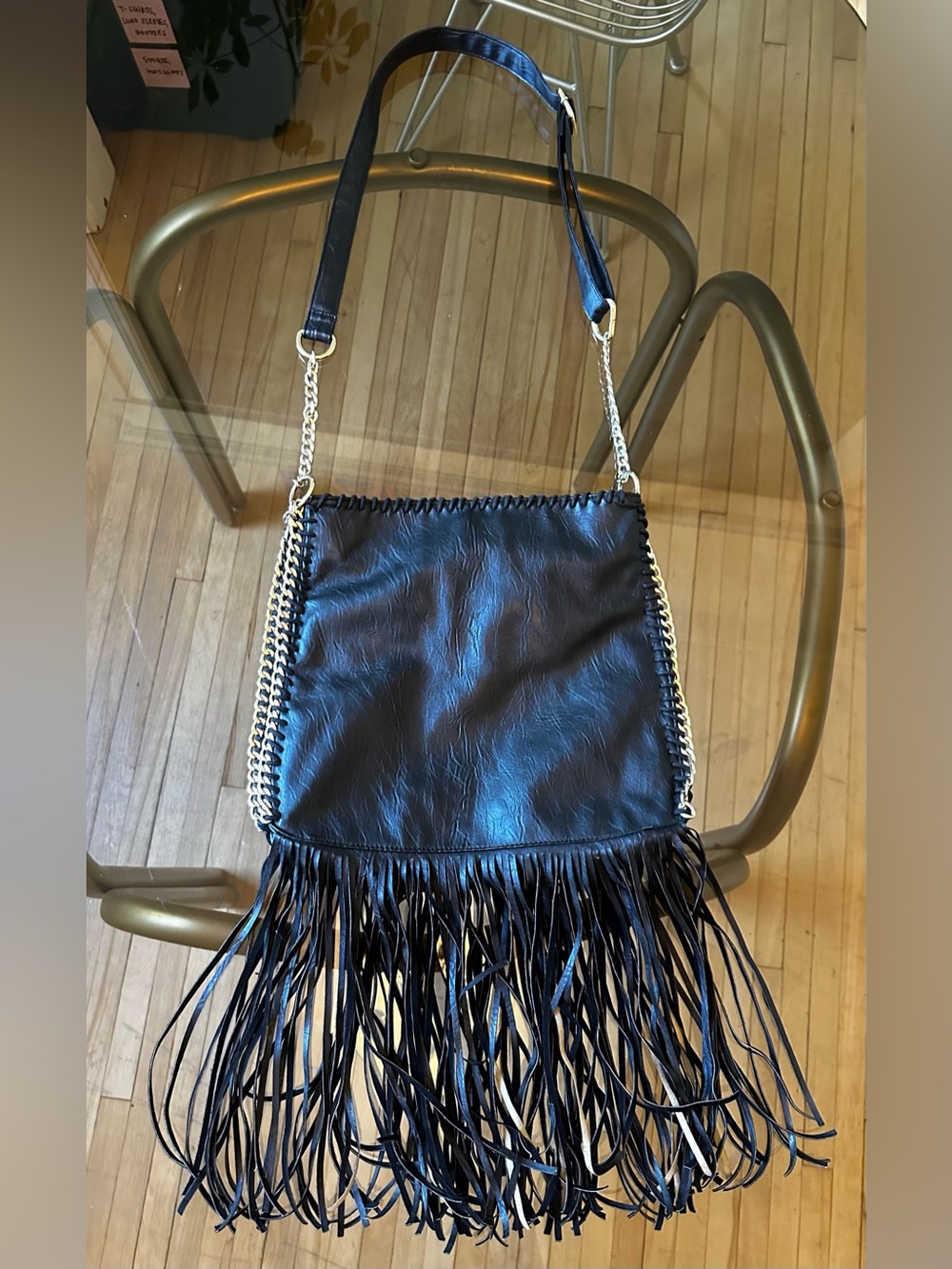 Black Fringe Chain-Trim Shoulder Bag